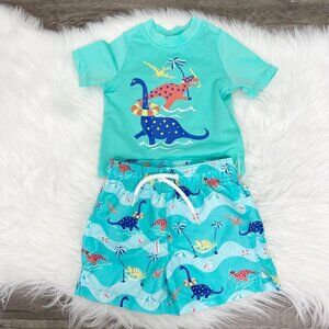 Childrens Place Sport 9-12M Dino Dinosaur Rashguard Swim Trunks Set Outfit